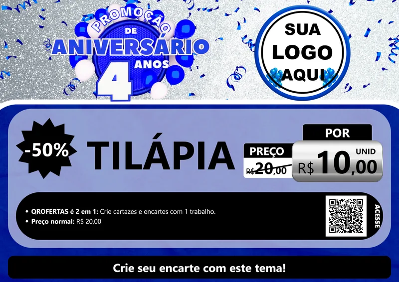 Modelo de Cartaz para Cartaz A4 Horizontal com o tema Promoção de Aniversário - 4 Anos para Peixaria