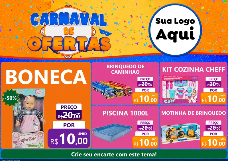 Modelo de Encarte para Encarte A4 Horizontal com o tema Carnaval de Ofertas para Brinquedos