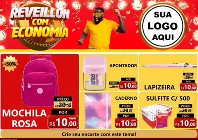 Modelo de Encarte para Encarte A4 Horizontal com o tema Réveillon com Economia para Papelaria