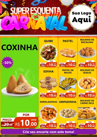 Modelo de Encarte para Encarte A4 Vertical com o tema Super Esquenta de Carnaval para Salgadaria
