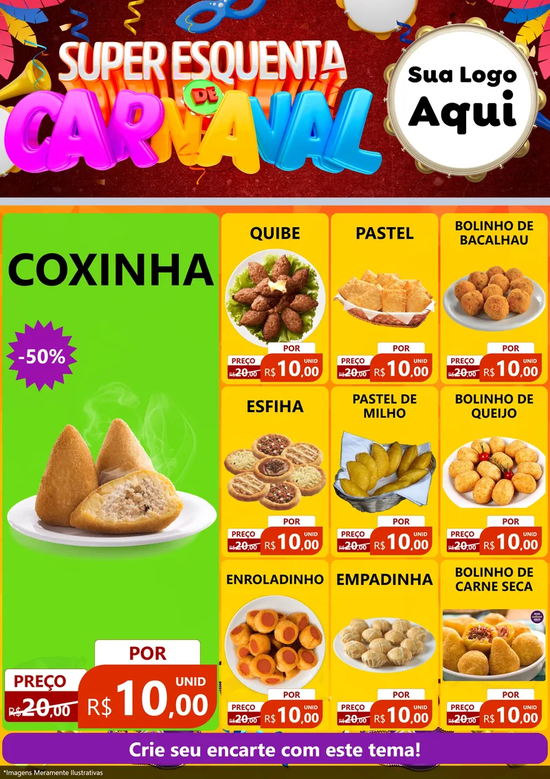 Modelo de Encarte para Encarte A4 Vertical com o tema Super Esquenta de Carnaval para Salgadaria