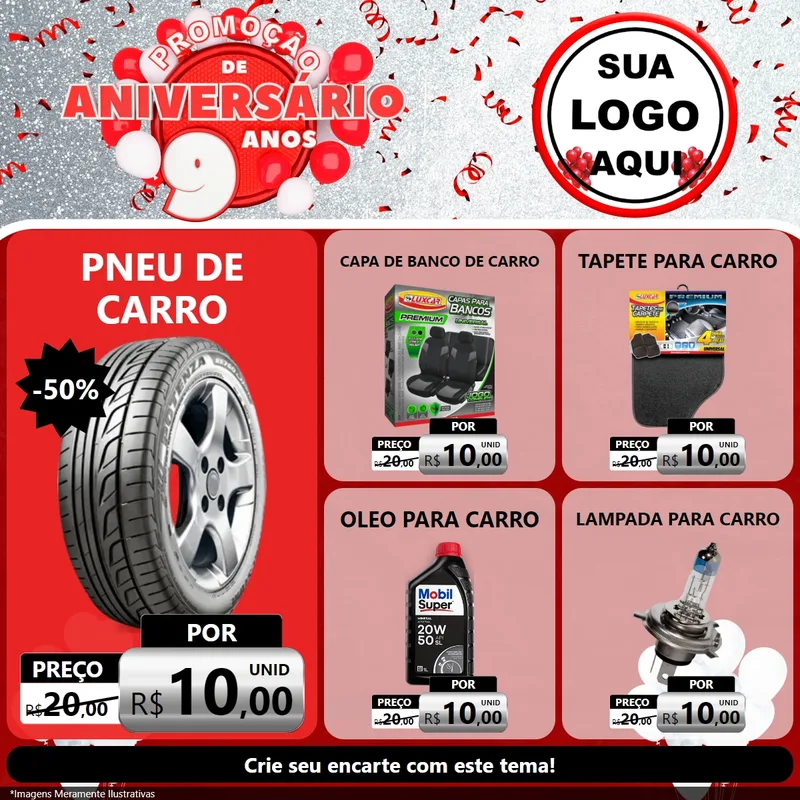 Modelo de Rede Social para Feed Facebook com o tema Promoção de Aniversário - 9 Anos para Auto peças