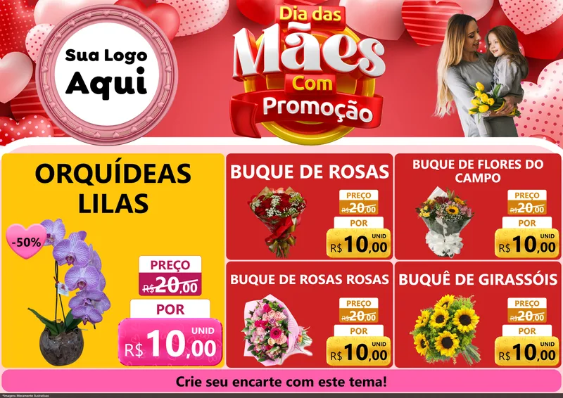 Modelo de Encarte para Encarte A4 Horizontal com o tema Dia Das Mães Com Promoção para Floricultura e jardim