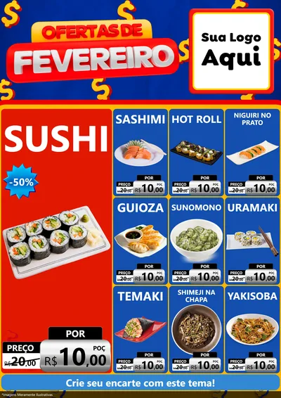 Modelo de Encarte para Encarte A4 Vertical com o tema Ofertas de Fevereiro para Comida japonesa