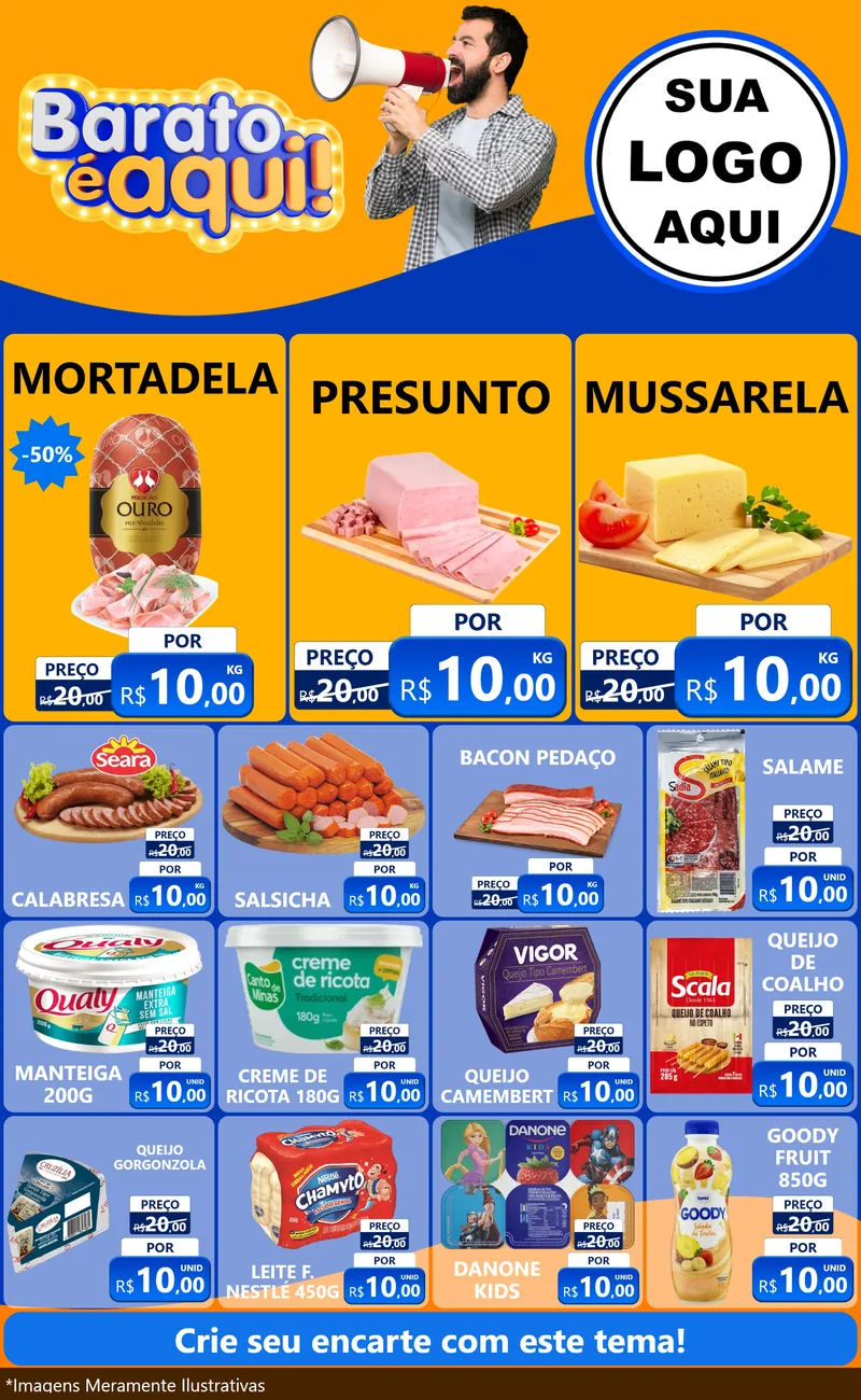 Modelo de Encarte para Encarte Grande com o tema Barato é aqui para Frios e Laticínios