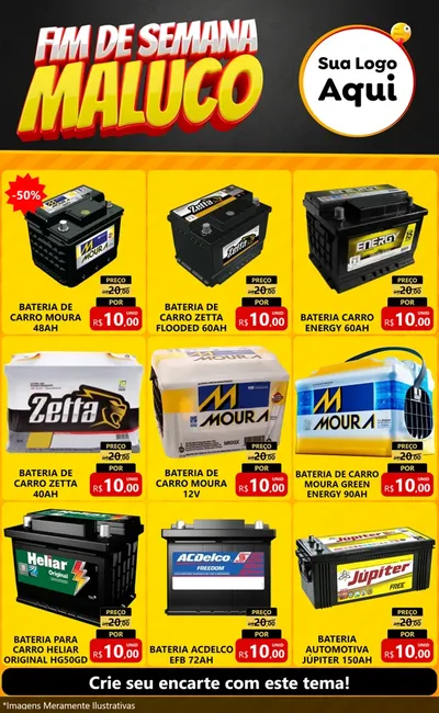 Modelo de Encarte para Encarte Grande com o tema Final de Semana Maluco para Baterias Elétricas