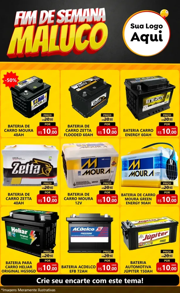 Modelo de Encarte para Encarte Grande com o tema Final de Semana Maluco para Baterias Elétricas