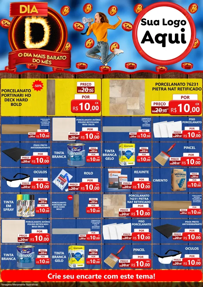 Modelo de Encarte para Encarte A4 Vertical com o tema Dia D - O Dia Mais Barato Do Mês para Pisos e revestimentos
