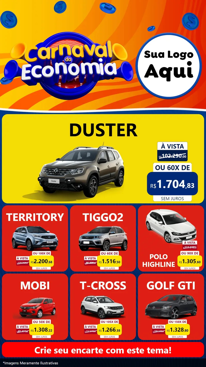 Modelo de Rede Social para Stories com o tema Carnaval da Economia para Concessionaria de Carros