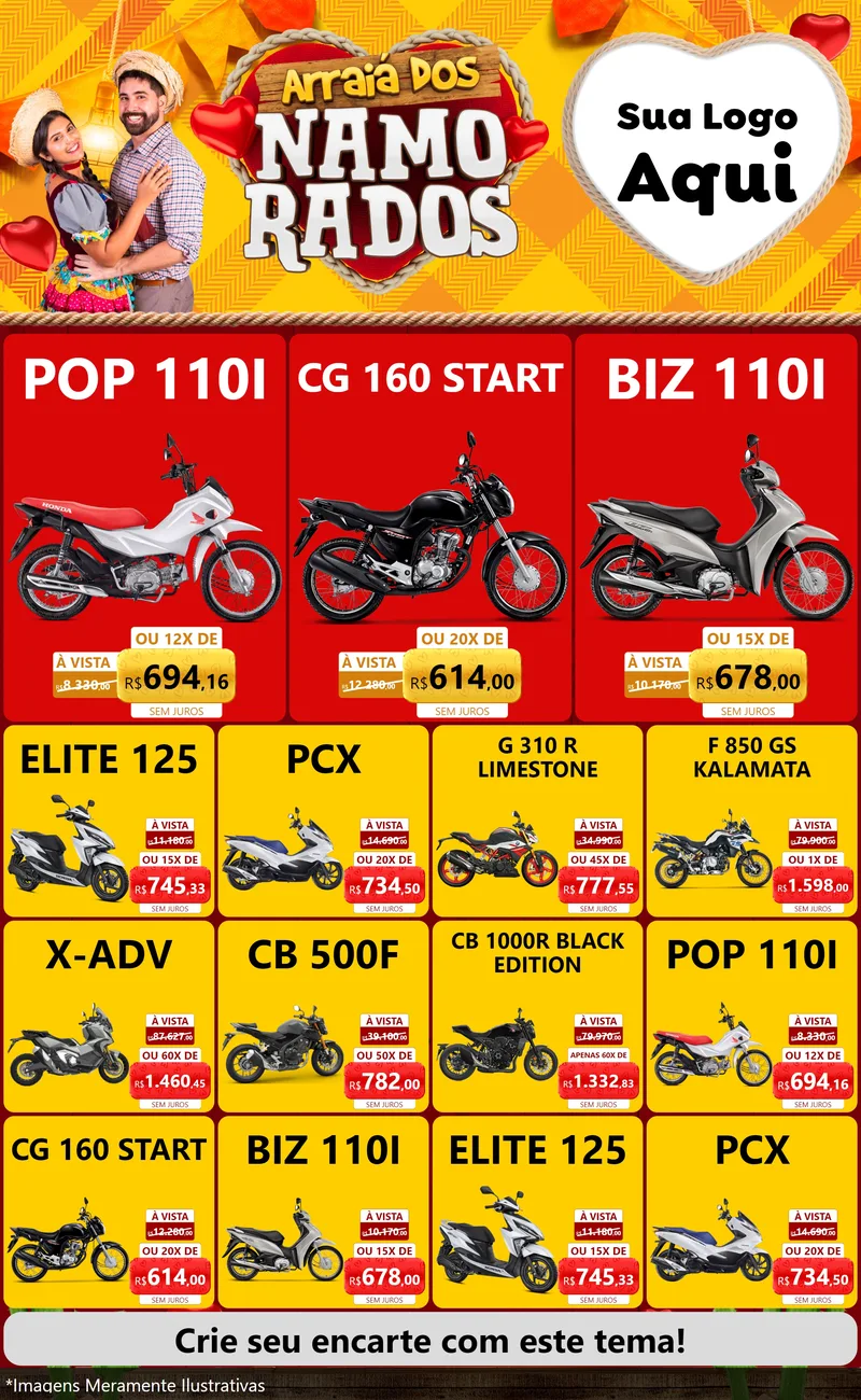 Modelo de Encarte para Encarte Grande com o tema Arraiá dos Namorados para Concessionaria de Motos