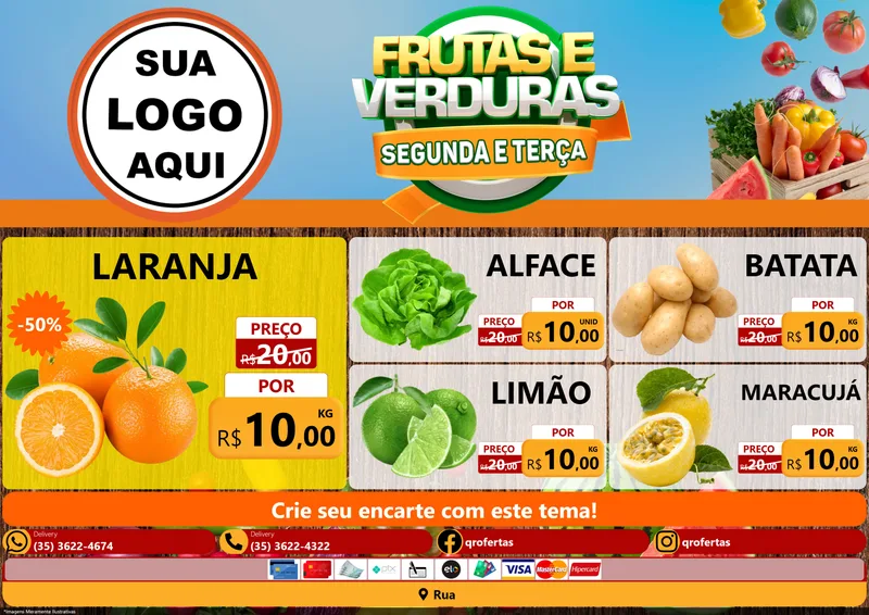 Modelo de Encarte para Encarte A4 Horizontal com o tema Frutas e Verduras Segunda e Terça para Hortifrúti