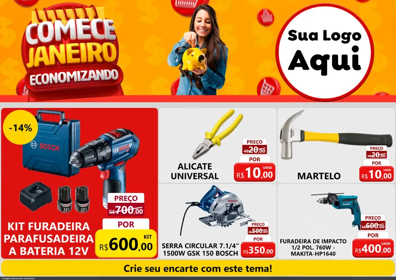 Modelo de Encarte para Encarte A4 Horizontal com o tema Comece Janeiro Economizando para Maquinas e Ferramentas