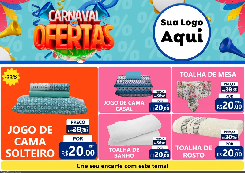 Modelo de Encarte para Encarte A4 Horizontal com o tema Carnaval de Ofertas para Cama, Mesa e Banho