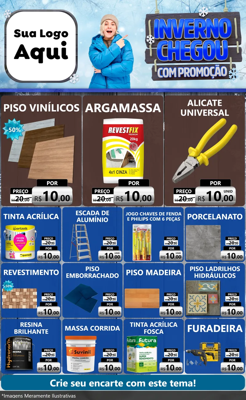 Modelo de Encarte para Encarte Grande com o tema Inverno Chegou Com Promoção para Material para Construção