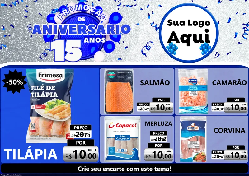 Modelo de Encarte para Encarte A4 Horizontal com o tema Promoção de Aniversário - 15 Anos para Peixaria