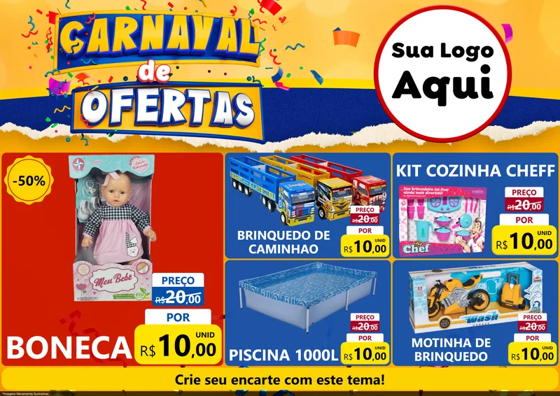 Modelo de Encarte para Encarte A4 Horizontal com o tema Carnaval de Ofertas para Brinquedos