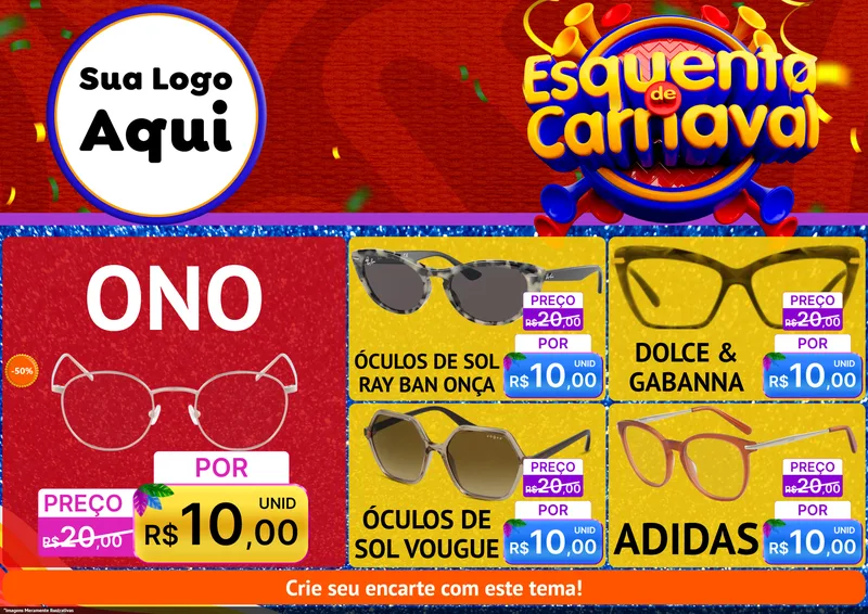 Modelo de Encarte para Encarte A4 Horizontal com o tema Esquenta de Carnaval para Óticas
