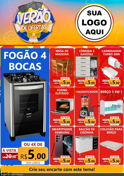 Modelo de Encarte para Encarte A4 Vertical com o tema Verão de Ofertas para Móveis e Eletro