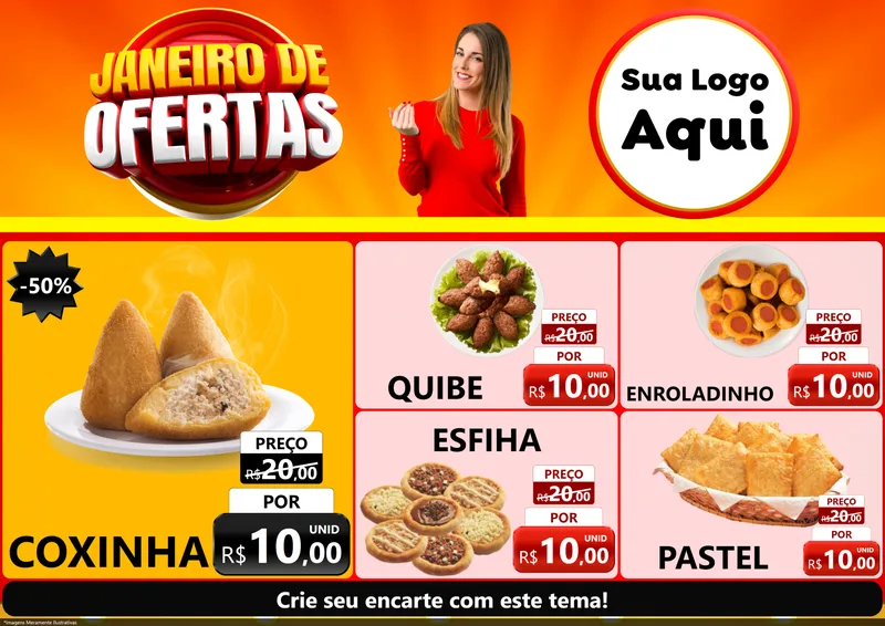 Modelo de Encarte para Encarte A4 Horizontal com o tema Janeiro de Ofertas para Salgadaria