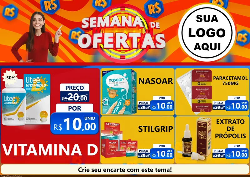 Modelo de Encarte para Encarte A4 Horizontal com o tema Semana de Ofertas para Farmácia