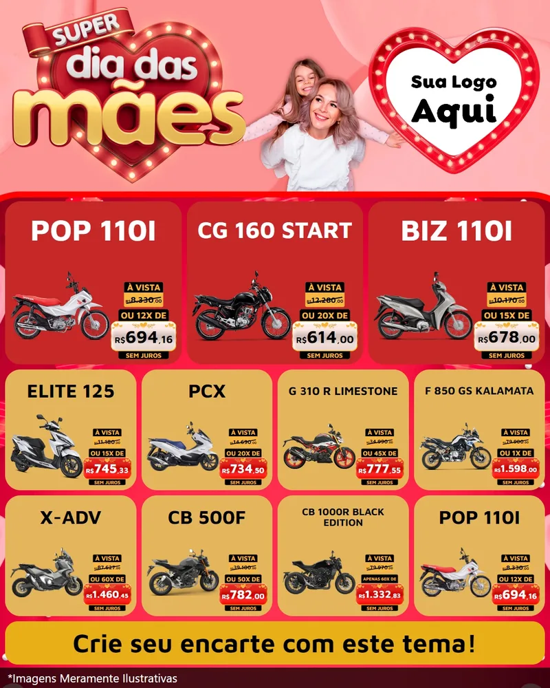 Modelo de Rede Social para Feed Instagram com o tema Super Dia Das Mães para Concessionaria de Motos