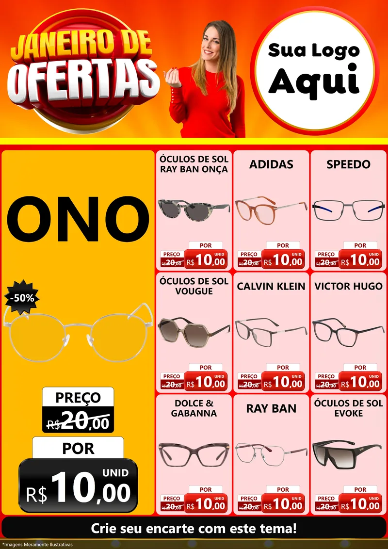 Modelo de Encarte para Encarte A4 Vertical com o tema Janeiro de Ofertas para Óticas