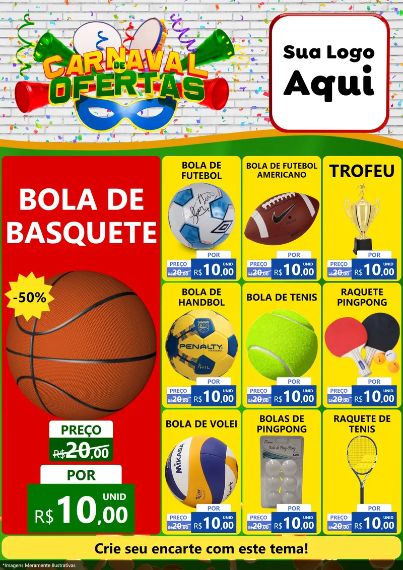 Modelo de Encarte para Encarte A4 Vertical com o tema Carnaval de Ofertas para Artigos Esportivos
