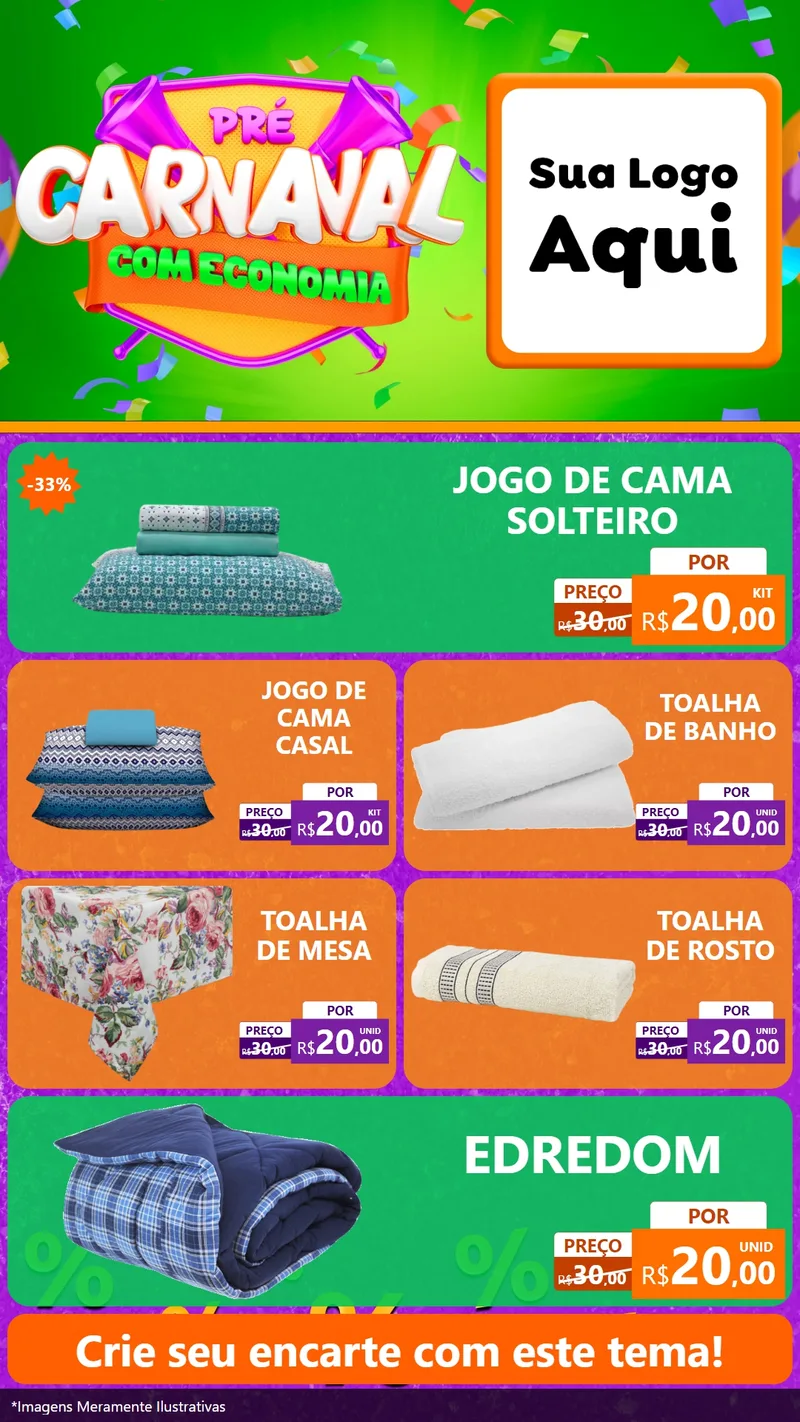 Modelo de TV para TV Vertical com o tema Pré-Carnaval Com Economia para Cama, Mesa e Banho