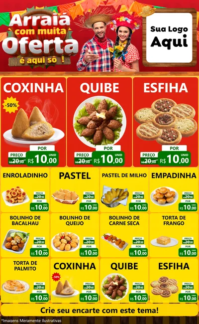Modelo de Encarte para Encarte Grande com o tema Arraiá Com Muita Oferta - É Aqui Sô! para Salgadaria