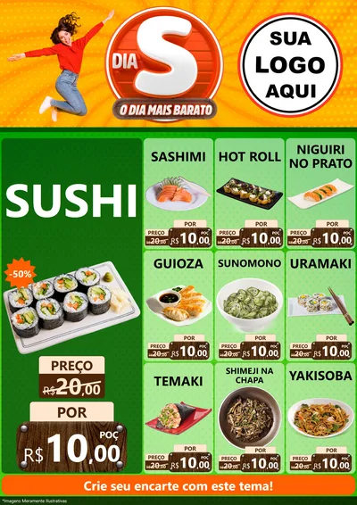 Modelo de Encarte para Encarte A4 Vertical com o tema Dia S - O Dia Mais Barato para Comida japonesa