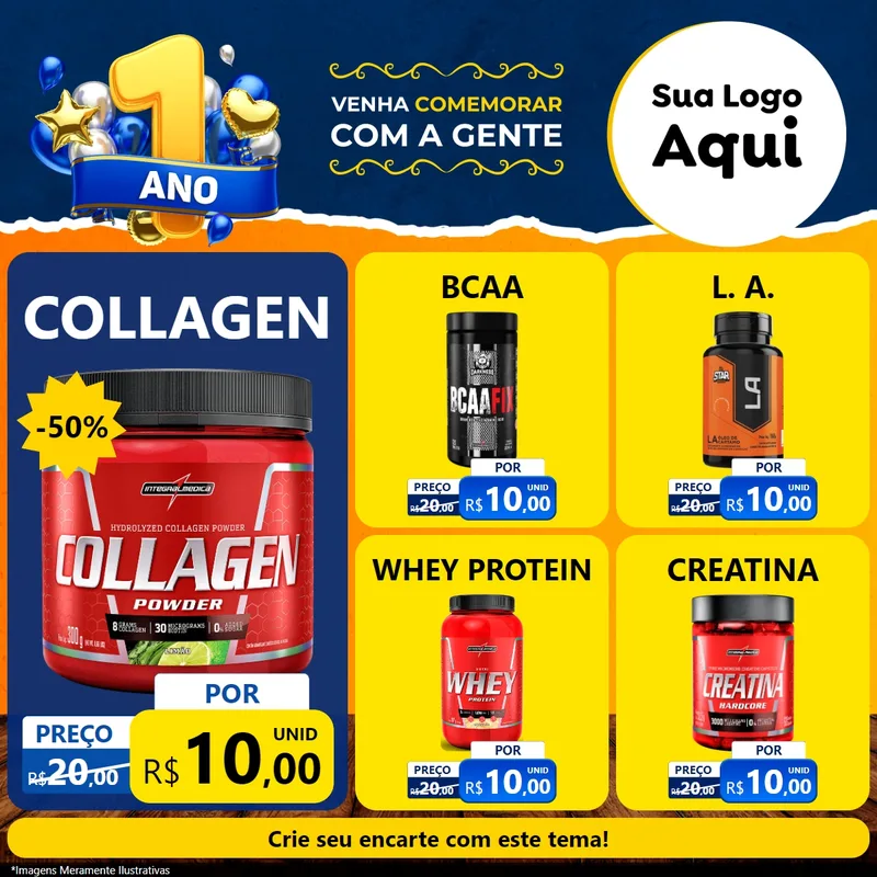 Modelo de Rede Social para Feed Facebook com o tema Um Ano de Aniversário para Suplementos alimentares