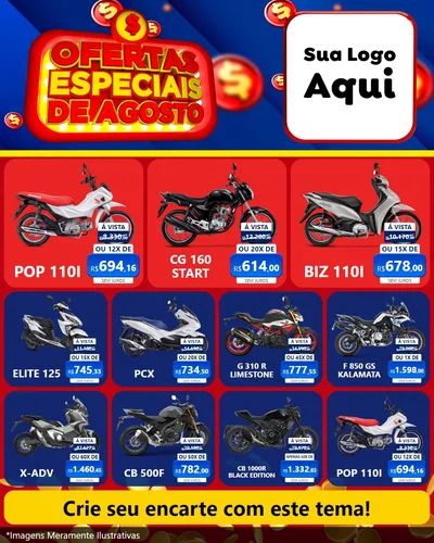 Modelo de Rede Social para Feed Instagram com o tema Ofertas Especiais de Agosto para Concessionaria de Motos