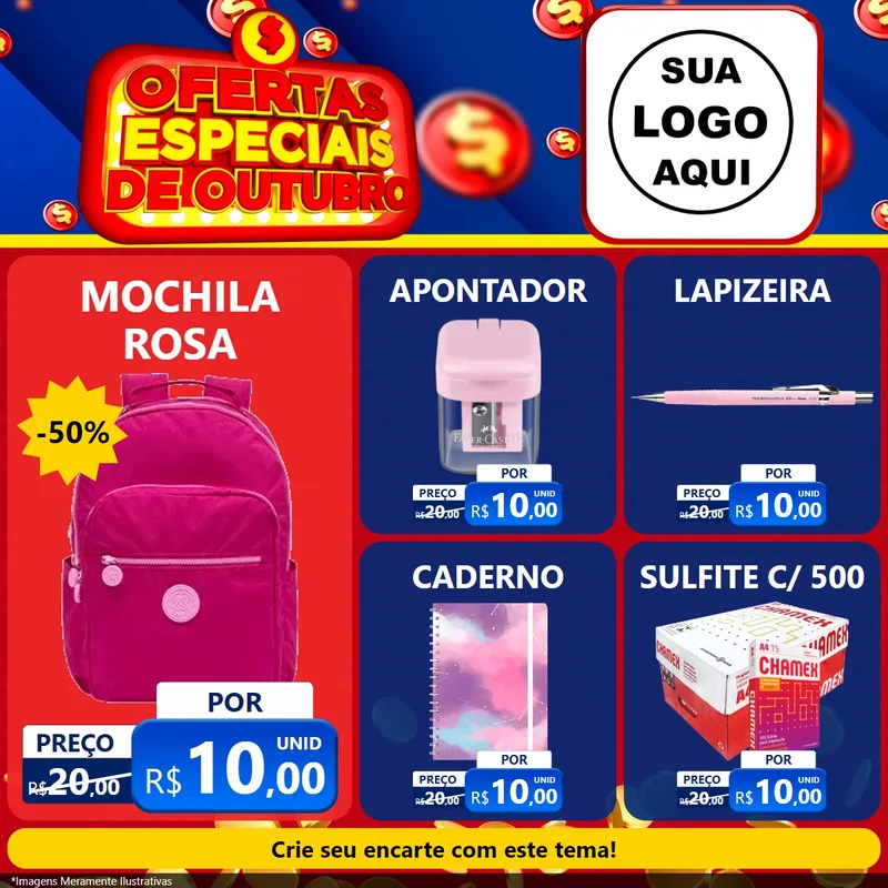 Modelo de Rede Social para Feed Facebook com o tema Ofertas Especiais de Outubro para Papelaria