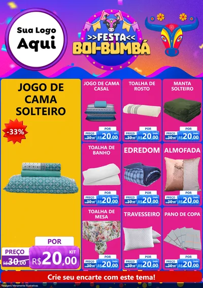 Modelo de Encarte para Encarte A4 Vertical com o tema Festa Boi-Bumbá para Cama, Mesa e Banho