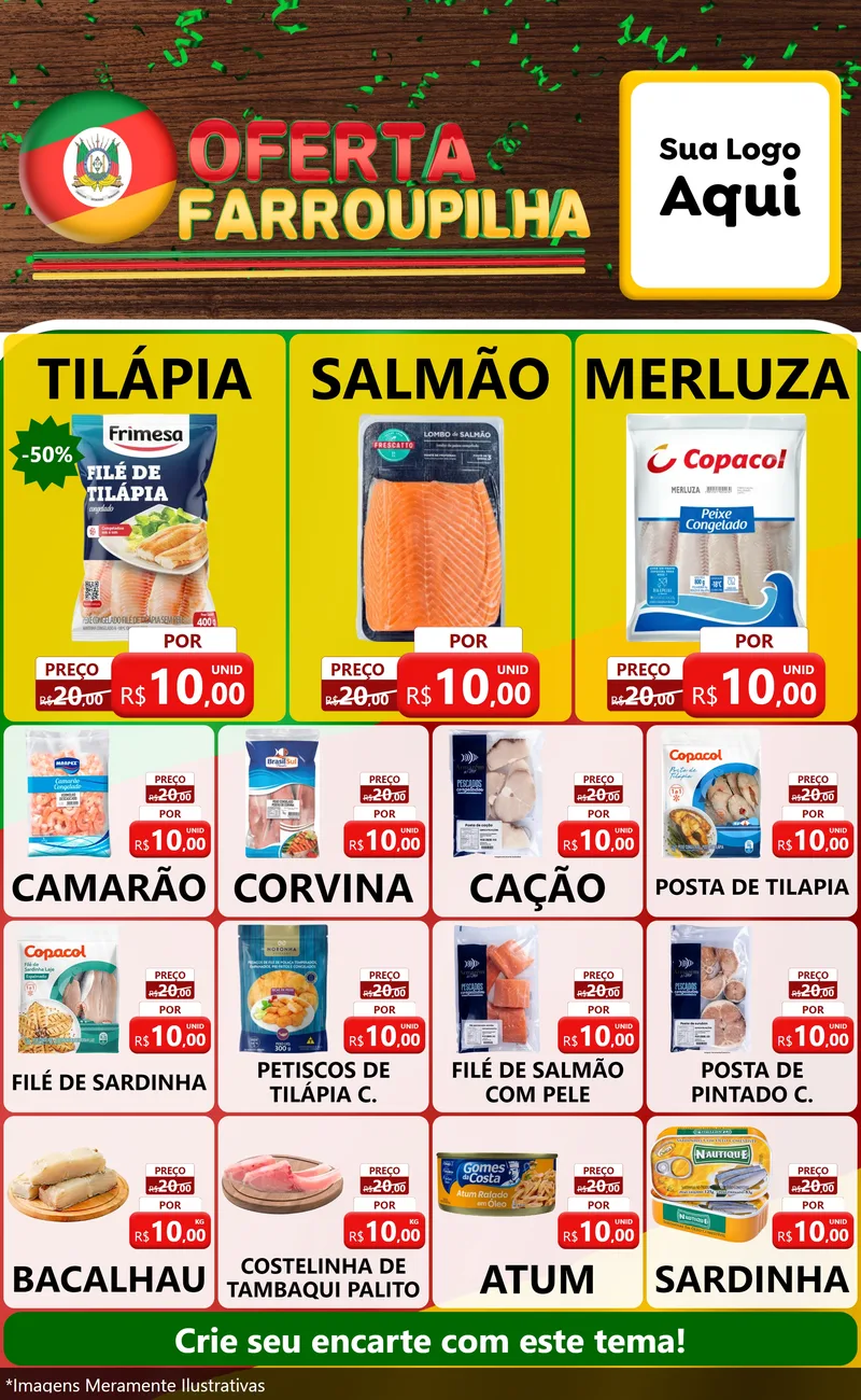 Modelo de Encarte para Encarte Grande com o tema Oferta Farroupilha para Peixaria