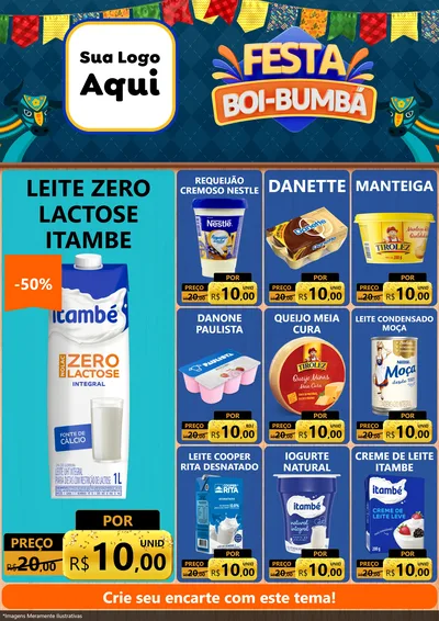 Modelo de Encarte para Encarte A4 Vertical com o tema Festa Boi Bumbá para Frios e Laticínios