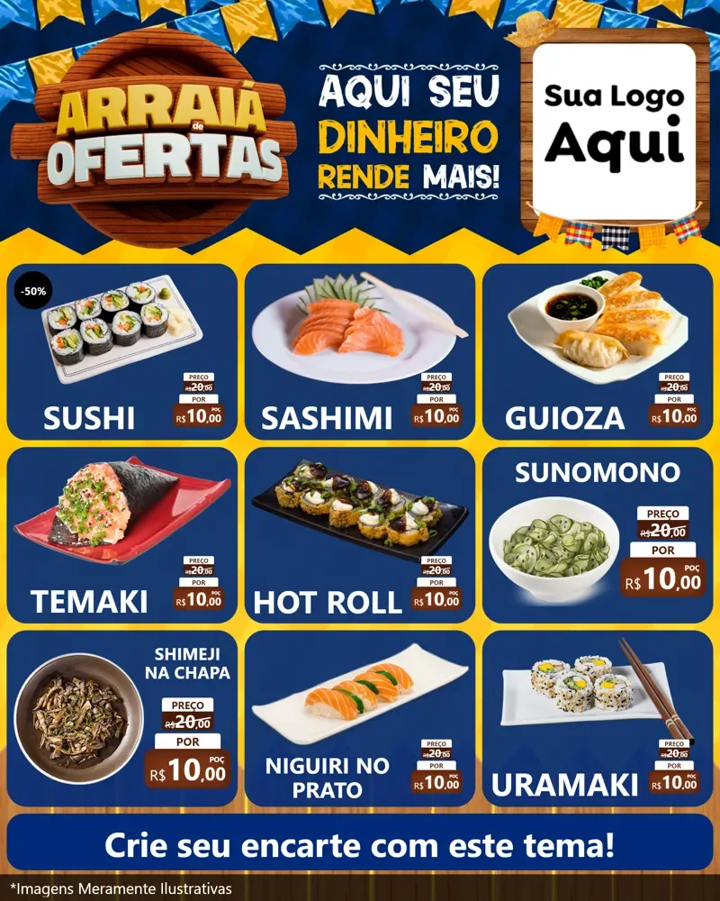 Modelo de Rede Social para Feed Instagram com o tema Arraiá de Ofertas - Junina para Comida japonesa