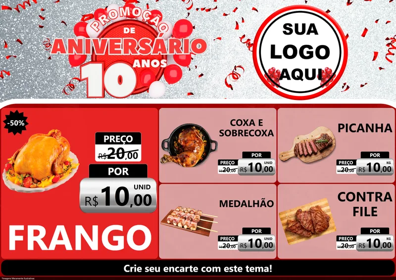 Modelo de Encarte para Encarte A4 Horizontal com o tema Promoção de Aniversário - 10 Anos para Assados