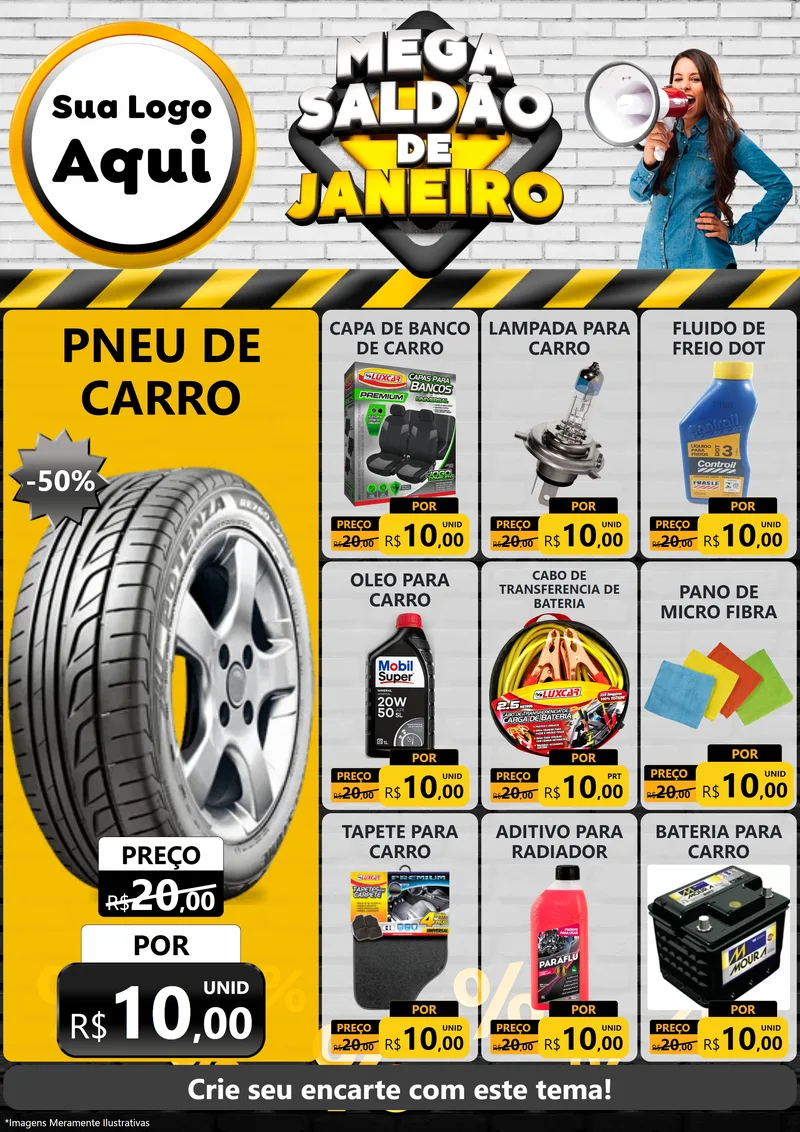 Modelo de Encarte para Encarte A4 Vertical com o tema Mega Saldão de Janeiro para Auto peças