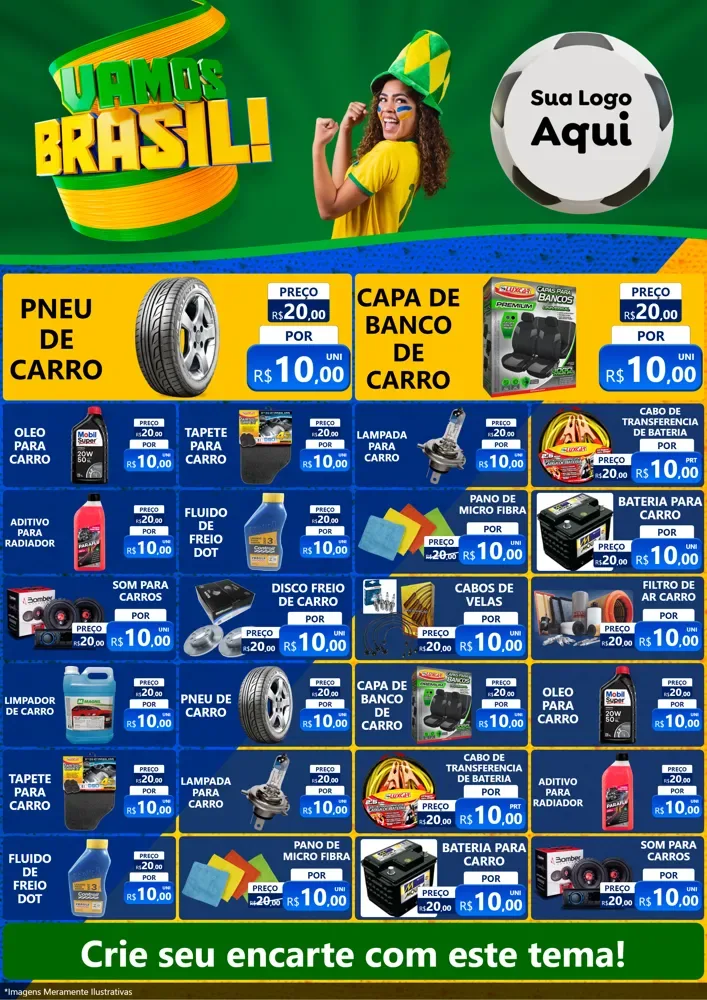 Modelo de Encarte para Encarte A4 Vertical com o tema Vamos Brasil - Copa para Auto peças