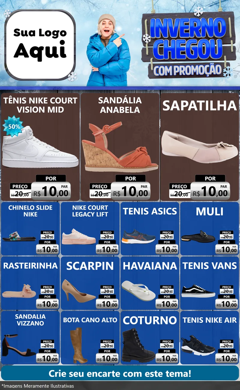 Modelo de Encarte para Encarte Grande com o tema Inverno Chegou Com Promoção para Calçados