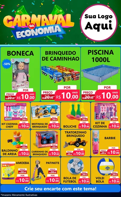 Modelo de Encarte para Encarte Grande com o tema Carnaval da Economia para Brinquedos