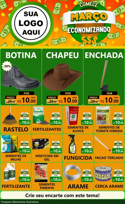 Modelo de Encarte para Encarte Grande com o tema Comece Março Economizando para Agropecuária