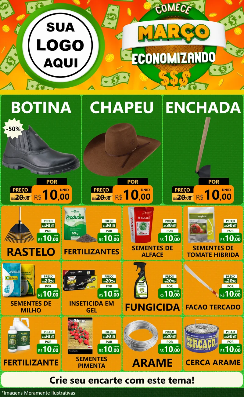 Modelo de Encarte para Encarte Grande com o tema Comece Março Economizando para Agropecuária