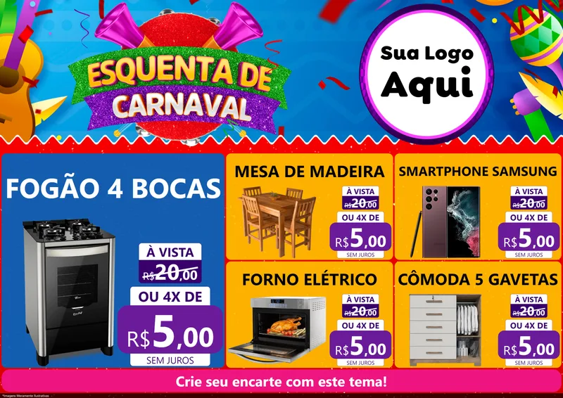 Modelo de Encarte para Encarte A4 Horizontal com o tema Esquenta de Carnaval para Móveis e Eletro