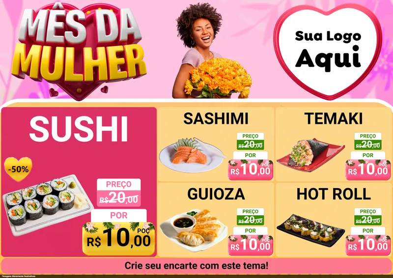 Modelo de Encarte para Encarte A4 Horizontal com o tema Mês da Mulher para Comida japonesa