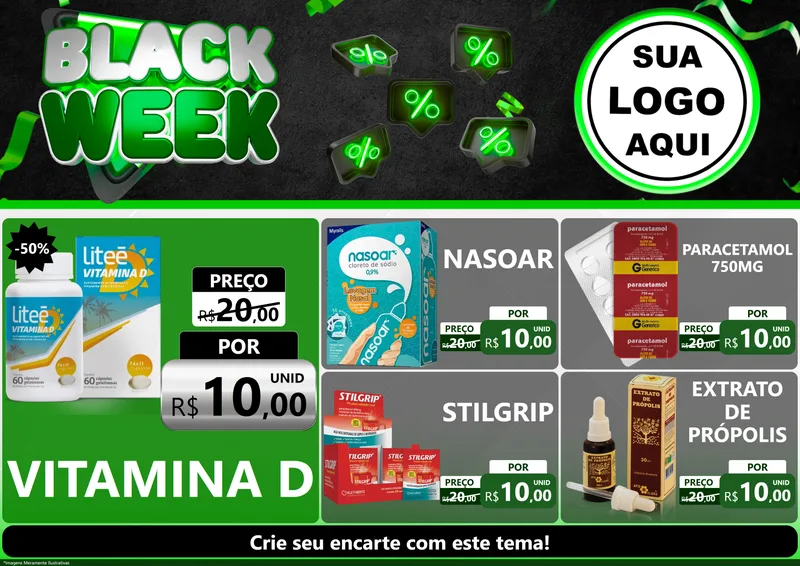 Modelo de Encarte para Encarte A4 Horizontal com o tema Black Week para Farmácia