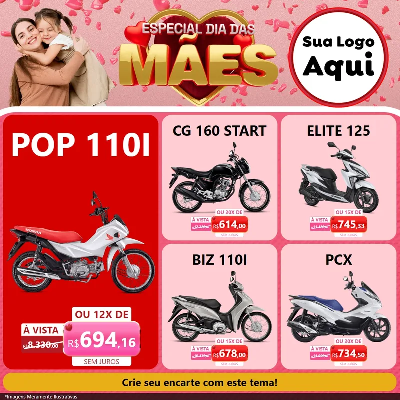 Modelo de Rede Social para Feed Facebook com o tema Especial Dia Das Mães para Concessionaria de Motos