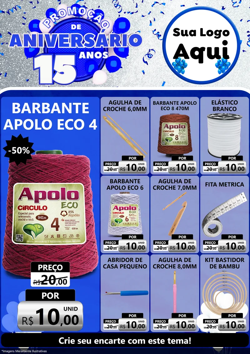 Modelo de Encarte para Encarte A4 Vertical com o tema Promoção de Aniversário - 15 Anos para Armarinho e Aviamentos