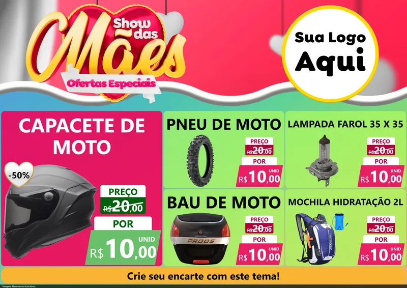 Modelo de Encarte para Encarte A4 Horizontal com o tema Show das Mães - Ofertas Especiais para Moto peças